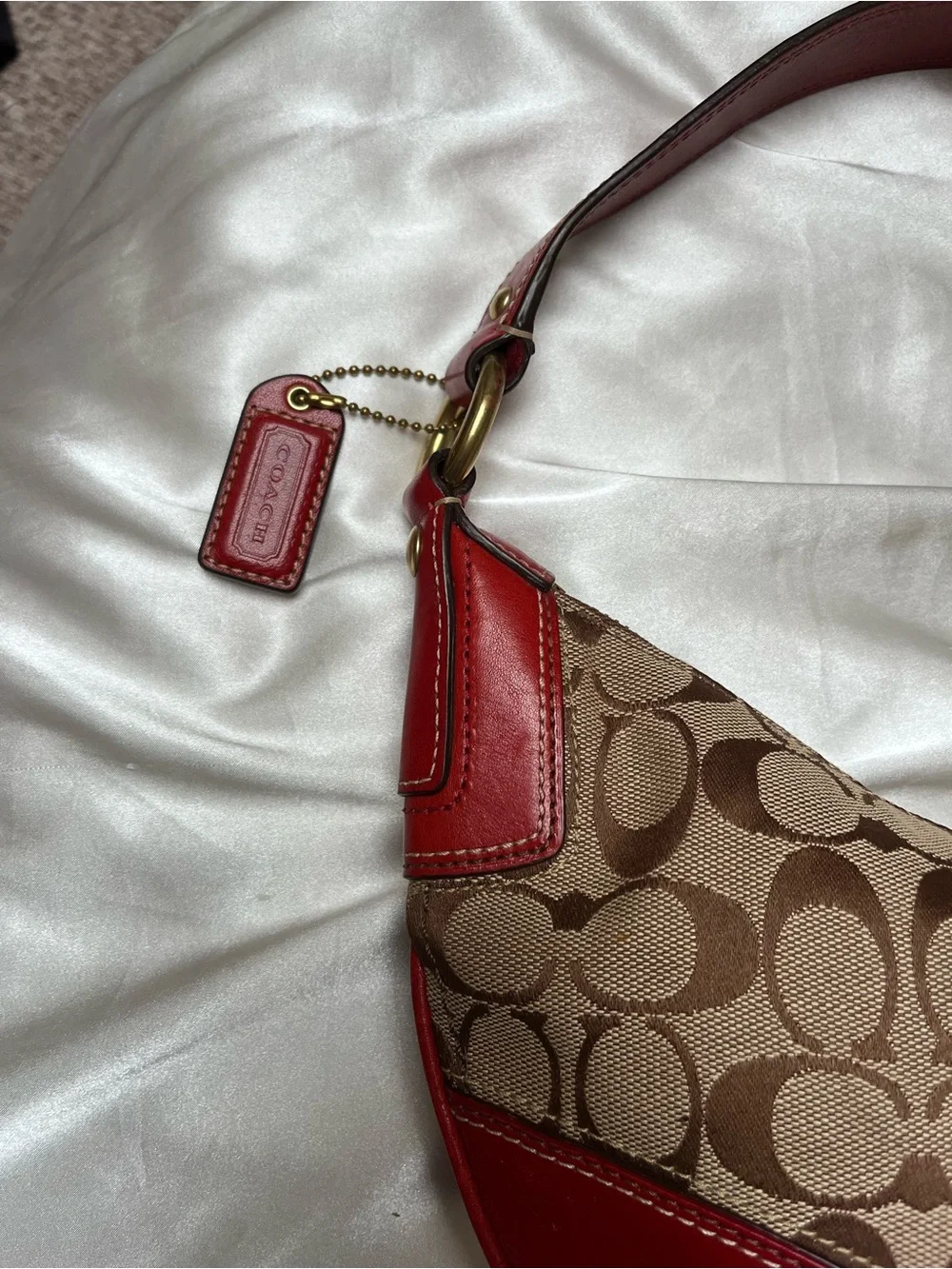 Coach Signature Canvas Hobo Bag with Red Leather Trim